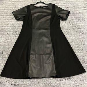Eloquii | black faux leather and Ponte dress | fit and flare | jewel neck